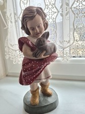 Holz Figur Skulptur Mädchen mit Hase Holz geschnitzt gefasst 25 cm geschnitzt