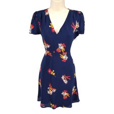Madewell Silk Poppy Dress Size 4 Navy Cactus Flower V Neck Flutter Sleeve
