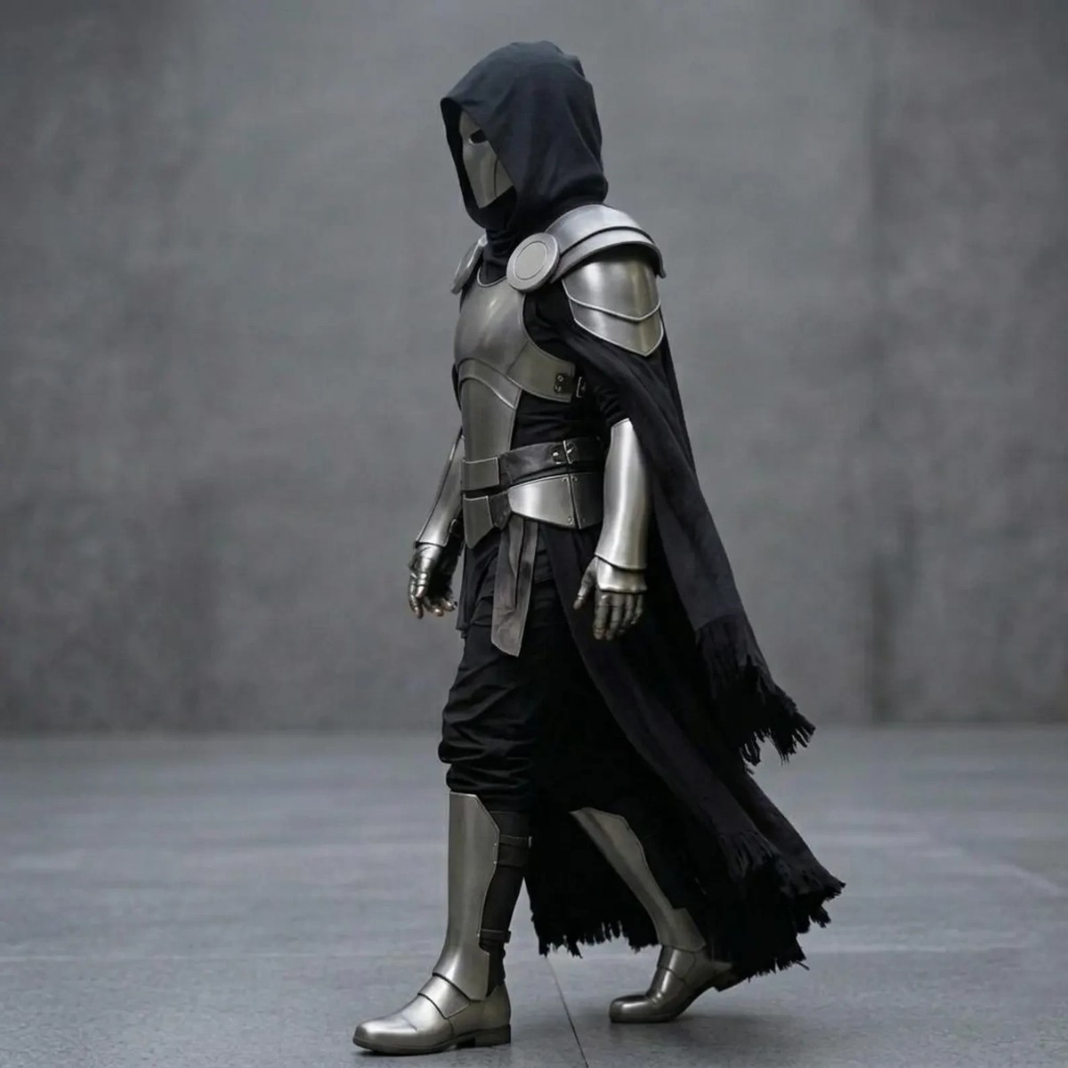 Full Silver Plate Armor Set – Black Hooded Cape, Mask, Cosplay