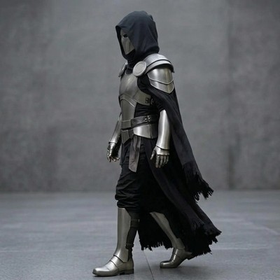 Full Silver Plate Armor Set – Black Hooded Cape, Mask, Cosplay