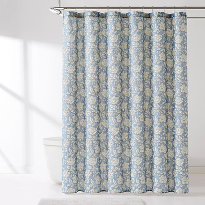 Zara Floral Block Linen Textured Shower Curtain Single 72'' W X 72'' L Blue - Flor