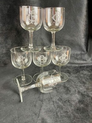 Set of 6 Monogrammed  CR  Crystal White Wine Glasses   19th Century