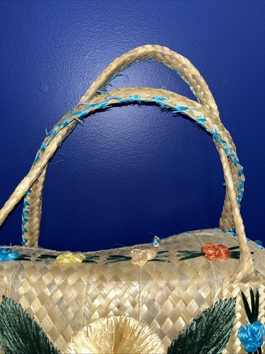 Vintage 70s Large Floral Raffia Straw Bucket Tote Bag Red Lined Tropical Beachy - Picture 2 of 12