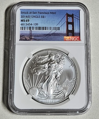 2014 S Silver Eagle NGC MS 69 Struck at San Francisco Mint Golden Gate Bridge