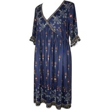 NWT Pink Daisy Boho Floral Midi Dress L Blue Multicolor V-Neck Ruffle Sleeve