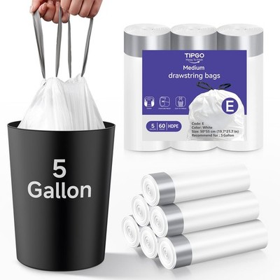 5 Gallon Trash Bags Drawstring, Pre-Cut Strong Wastebasket Bin Liners, White ...