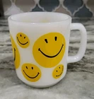 Vintage Smiley Faces White Milk Glass Mug Smile Be Happy Retro Design Yellow