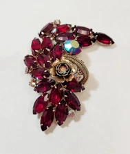 Vintage Alice Caviness Red AB Rhinestone Chain Flower Brooch
