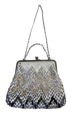 Vtg 50-60's Fine Arts Bag White Silver Black Beaded Evening Purse Formal Event