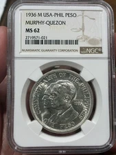 1936-M US PHILIPPINES ONE MURPHY QUEZON COMMEMORATIVE NGC MS 62