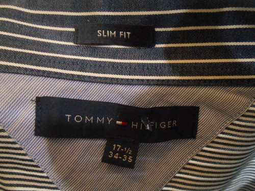 Beautiful Men's 17.5 34/35 Tommy Hilfiger Slim Fit Blue Striped Long Sleeve Butt - Picture 4 of 4