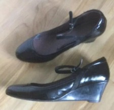 M&S Footglove Black Patent Leather Mary Janes Wedge Ladies Shoes Wider Fit UK 7