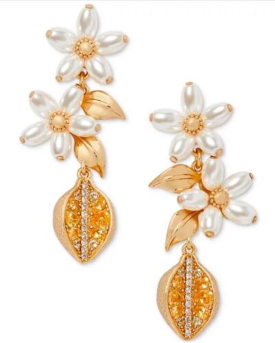 New Kate Spade Fresh Squeeze Linear Earrings Cubic Zirconia Lemon & Pearl Flower
