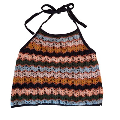 American Eagle Crochet Knit Crop Halter Top Women Lg Tie Neck Multi Color Lined