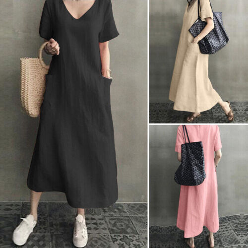 Women Sundress 100% Cotton Short Sleeve V Neck Summer Party Long Dress Plus