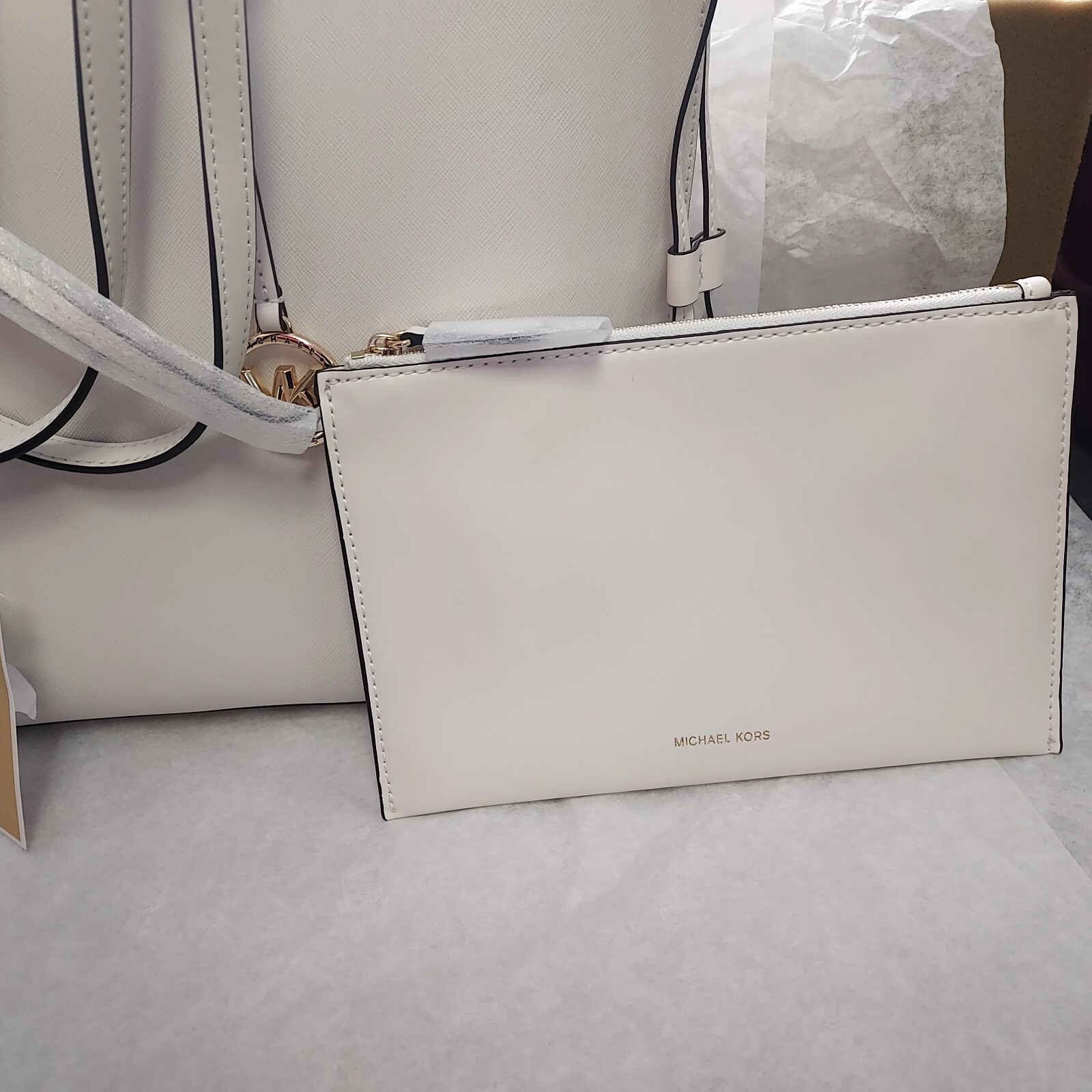 Michael Kors Edith Large Open Leather Tote Bag Optic White Detachable Pouch  New | eBay