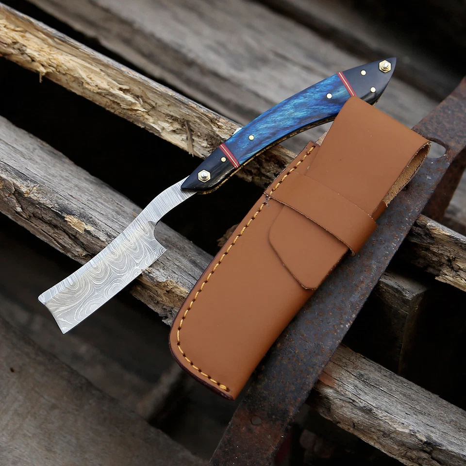 Maquinilla de afeitar recta de acero Damasco para hombre barbero afeitado azul negro bolsa de mango Foto 4 de 4