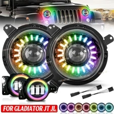 APP Chasing RGB LED Headlight + Fog Light + 9'' Bracket For Jeep Gladiator JL JT