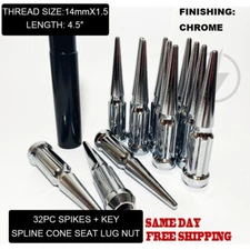 32 Chrome Spline Spike Lug Nuts 14x1.5 Fits Ford Super Duty F-250 F-350 + Key