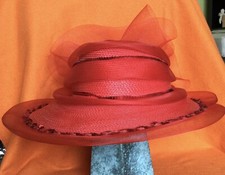 LADIES RED WIDE BRIM DRESSY CHURCH DERBY HAT W/MESH BAND SEQUINS FEATHERS BOW-EX