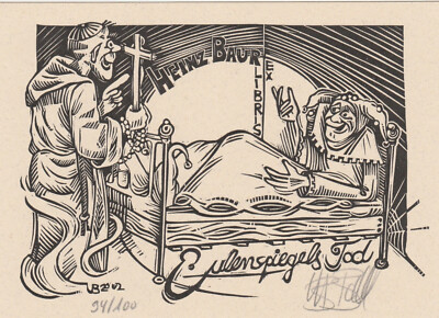 Exlibris - UTZ BENKEL - For Heinz Baur - Till Eulenspiegel DEATH! - Signed