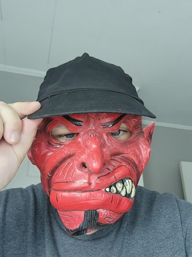Cappello nero diavolo rosso berretto palla adulto maschera Halloween lattice testa intera regolazione - Foto 8 di 9