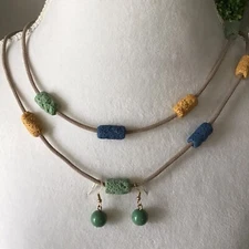 LAST 1! Lava Tube Bead Necklace Earrings SET 2-Strand Boho Blue Green Gold NEW
