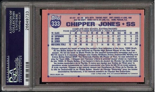Rare 1991 O-Pee-Chee #333 Chipper Jones Rookie Card RC Braves HOF PSA 8 NM-MT - Picture 2 of 2