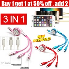 3 in 1 USB Micro Type C Charging Cable Multi Cell Phone Retractable Charger Cord