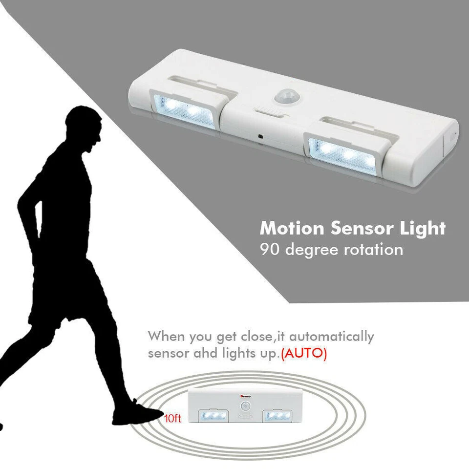 Battery Operated 6 LED PIR Motion Sensor Cabinet Light Closet Night Lamp Bar 90° - Image 3 of 4