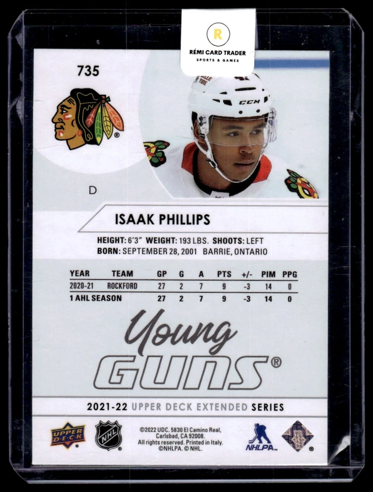 2021-22 Upper Deck Extended Series Young Guns Isaak Phillips Rookie #735 Chicago - Image 2 of 2