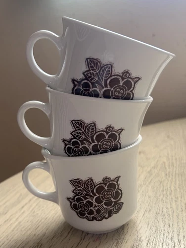 Set of 3 Vintage 1980s Corelle Batik Coffee/Tea Cups Brown Flowers Made in USA