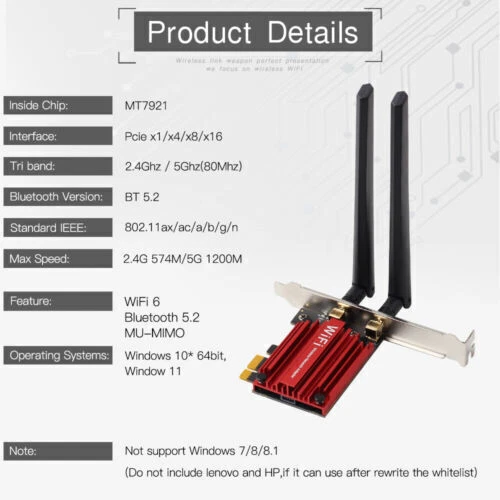 WiFi 6 PCIe WiFi Card AX1800 MT7921 Dual Band 802.11ax BT 5.2 PC Network Adapter - Image 2 of 4