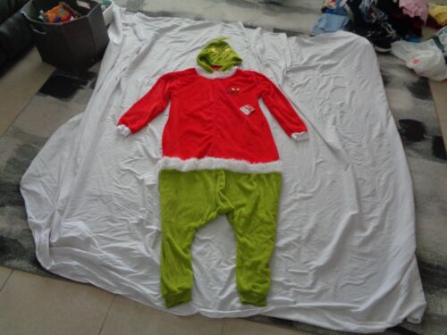 THE GRINCH ADULT ONE PIECE SANTA PAJAMAS & HOOD Large Fur Fleece Sleepwear NWT