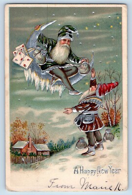 New Year Postcard Elf Gnome Sack Of Coins House Winter Scene Fantasy c1910's