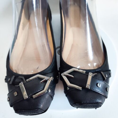 Gianni Bini Womens Leather Ballet Flats Black Pewter Stud Buckle Size 6.5 Punk