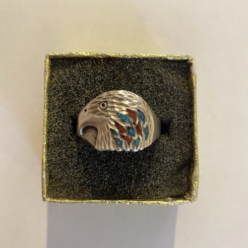 Sterling Silver 925 Inlay Eagle Head Ring Size 12 - Picture 4 of 11