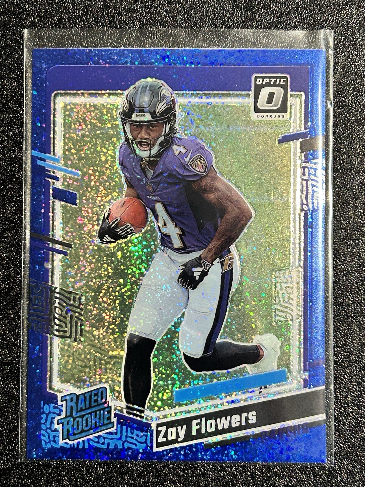 2023 Panini Donruss Optic Rated Rookie Blue Glitter Prizm #210 Zay Flowers (RC)