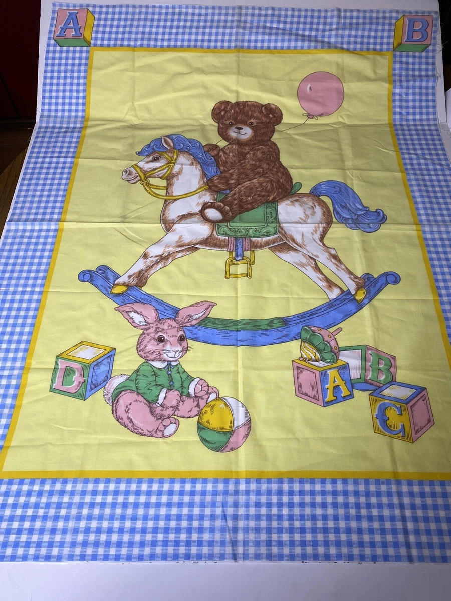 Vtge Printed Baby Quilt Top Teddy Bear On Rocking Horse Gingham 44.5 X 35