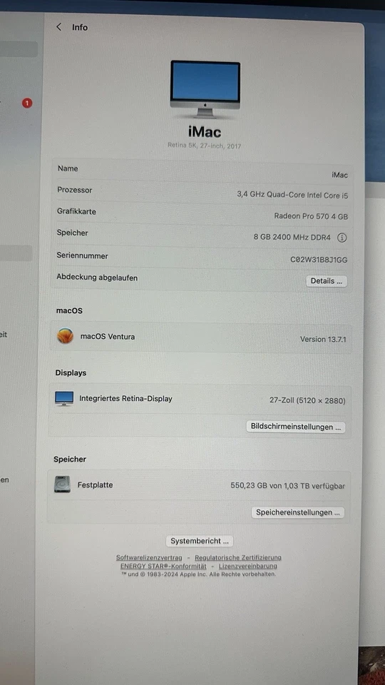 Apple iMac 27" Retina 5K i5 3,4 GHz 8GB DDR4 1Tb Fusion Radeon Pro 570 4Gb 2017 - Bild 3 von 3