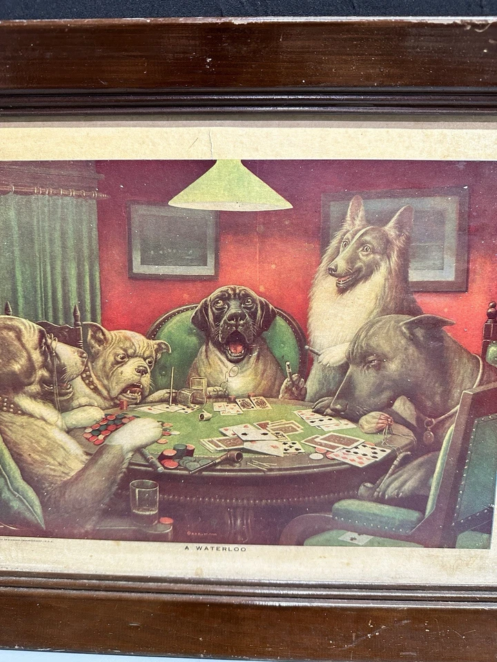 Perros de póquer CM Coolidge color vintage - A Waterloo 15"x19" enmarcado B.&B. St. Paul Foto 3 de 4