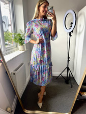 Monsoon Blue Floral Maxi Midi Dress 18 3/4 Flared Sleeve Round Neck Zip