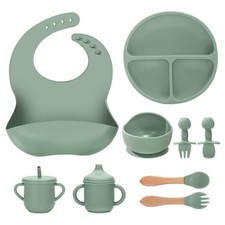 9 PCS Green Silicone Baby Feeding Set Suction Plate Bowl Bib Cup Utensils