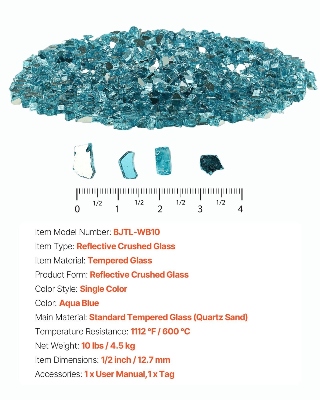 10lb 1/2-Inch Aqua Blue Fire Glass Rocks for Fireplace or Fire Pit Table