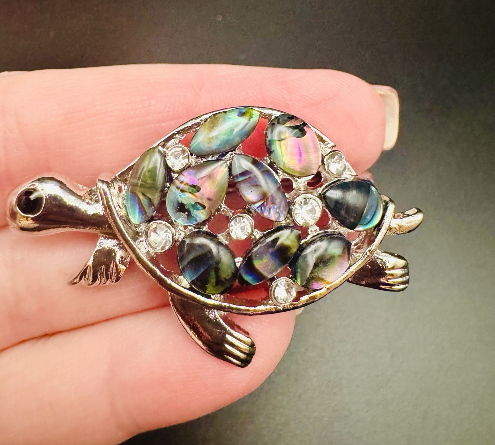 Abalone Shell Turtle Brooch Silver Tone Rhineston… - image 3