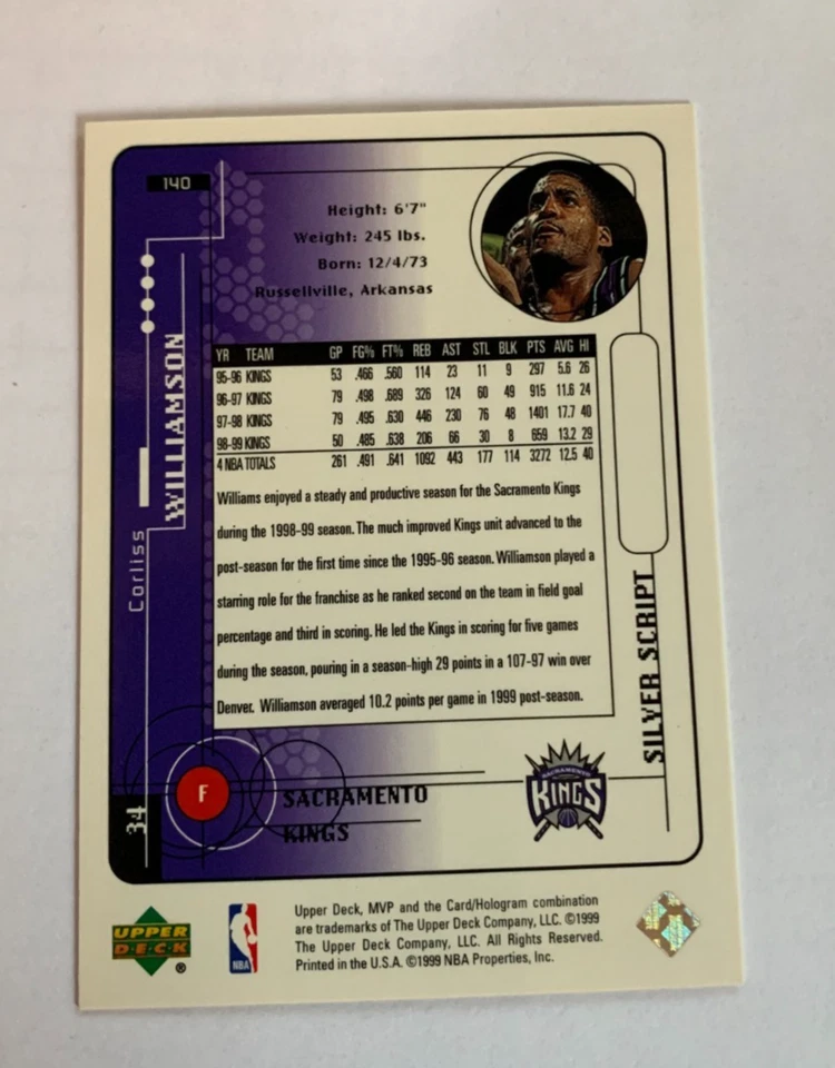 1999 Corliss Williamson Upper Deck MVP Basketball Silver Script Kings #140 - Image 2 of 2