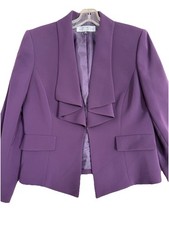 Tahari Arthur S Levine Purple Blazer Women 10P Petite Ruffle Open Front
