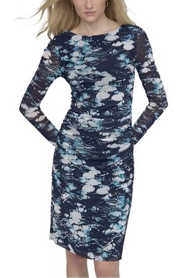 DKNY Women s Printed Mesh Long-Sleeve Sheath Dress 4 Indigo Multi - NWT