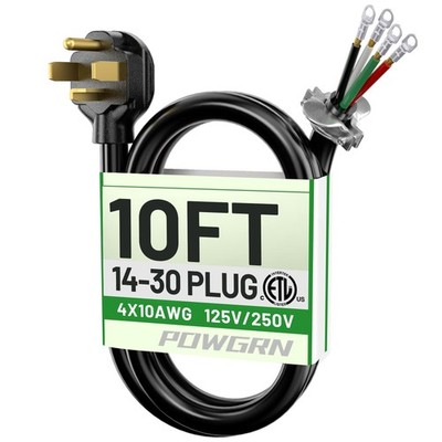POWGRN 30 Amp 4 Prong Dryer Cord 10 FT Black, 10/4 Gauge 10ft, Black 