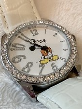 Disney MICKEY MOUSE Watch-Moves Hands, Rhinestone Frame, White Band